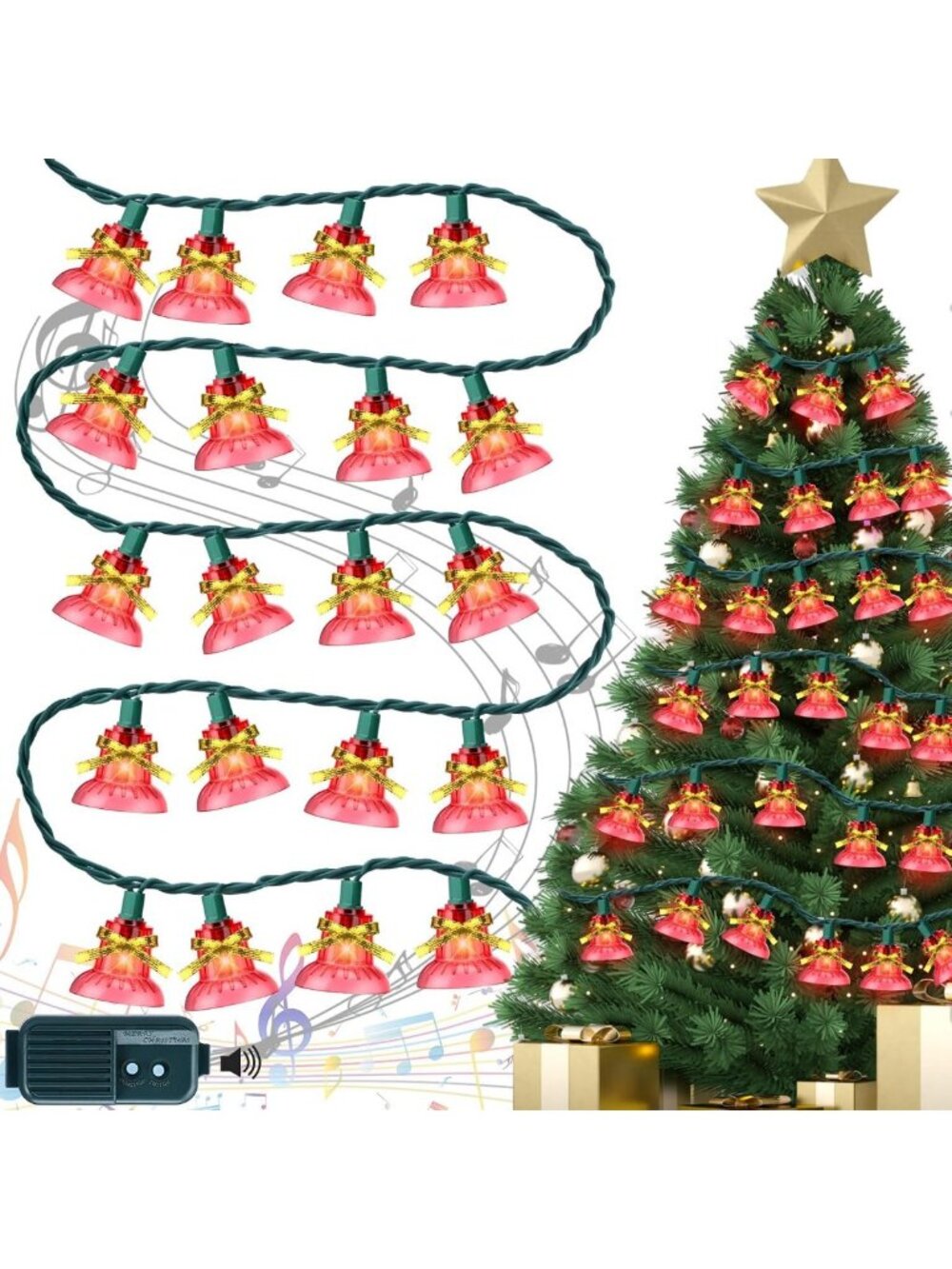 Glooglitter 1 Set 30 Pcs Musical Christmas Lights, 9.6 ft, Red